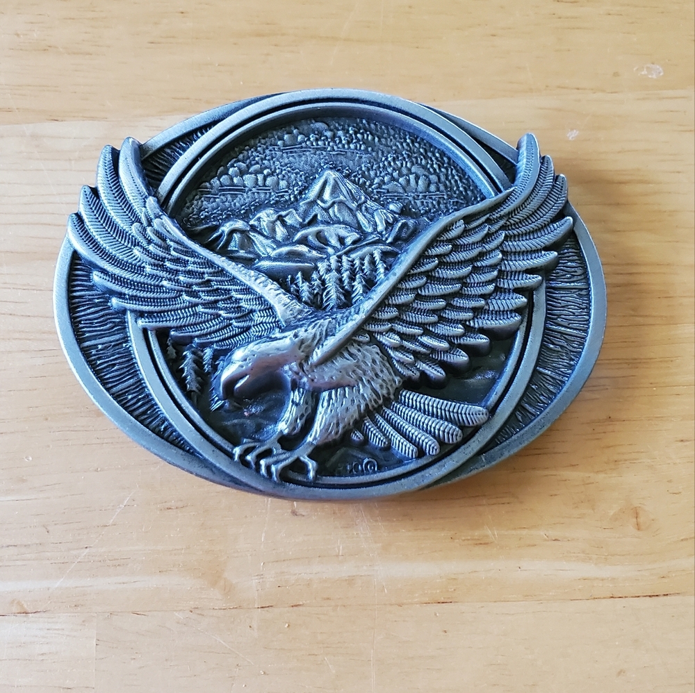 Eagle in flight, belt buckle, silvertone, bird, mountains - Picture 1 of 4